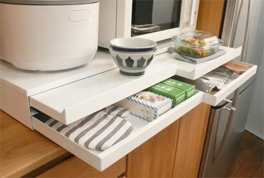 レンジ下 トレー 幅80cm 2連 2段 スライドトレー 引出し付 調理 キッチン 作業スペース 棚 料理 皿置き スペース すきま ラック 収納 送料無料 - 1