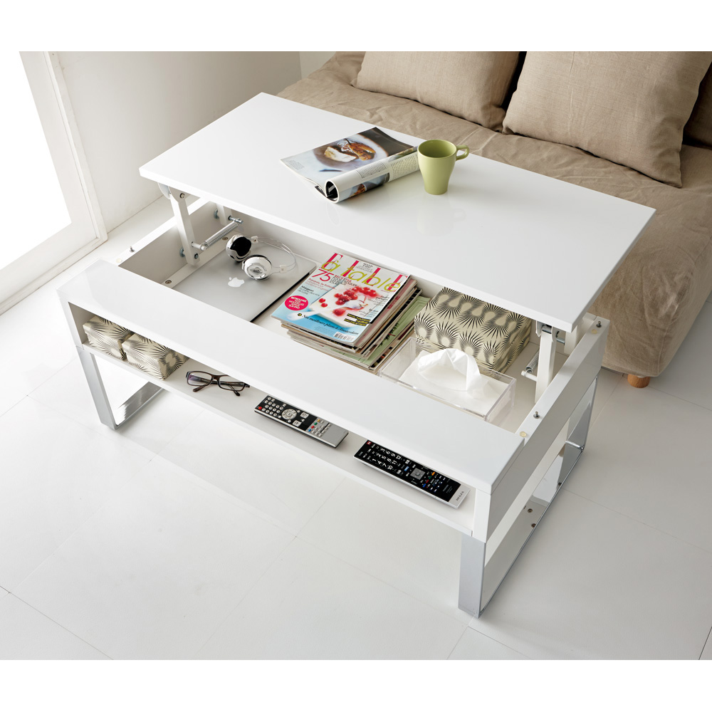 センターテーブル【ディノス】収納もたっぷり！腰かけながら使えるリフティングテーブル幅90ホワイト