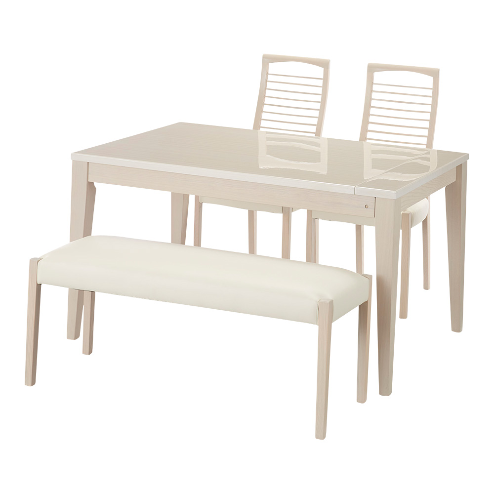伸張式テーブル スライドテーブル テーブル 机 タモ UV塗装 光沢が美しい 伸長式 モダンダイニング  お得な4点セット（ダイニングテーブル＋チェア2脚＋ベンチ小） 826209