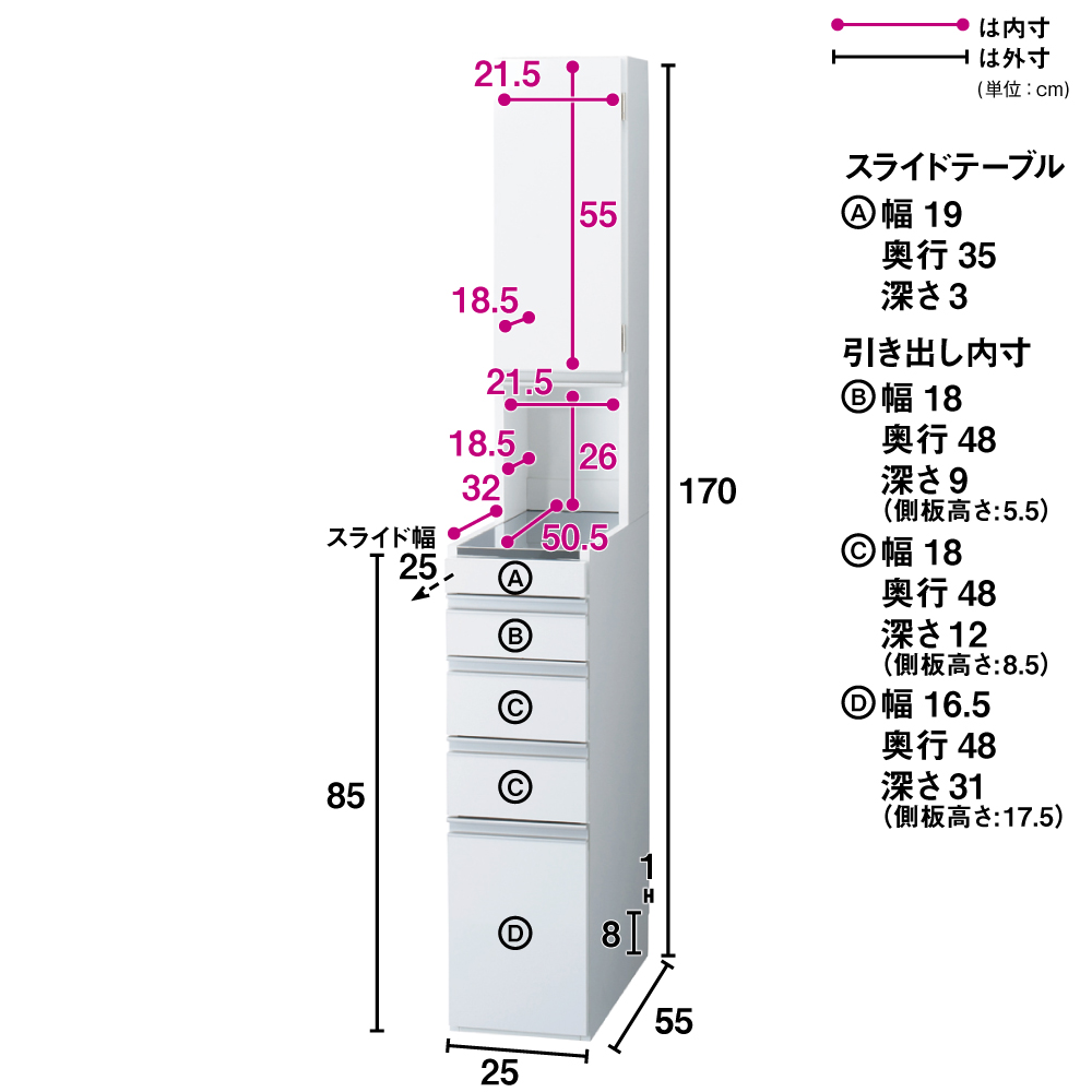 光沢仕上げダブルステンレス天板すき間収納庫 ハイタイプ高さ170cm 幅25cm ディノスANAmall店