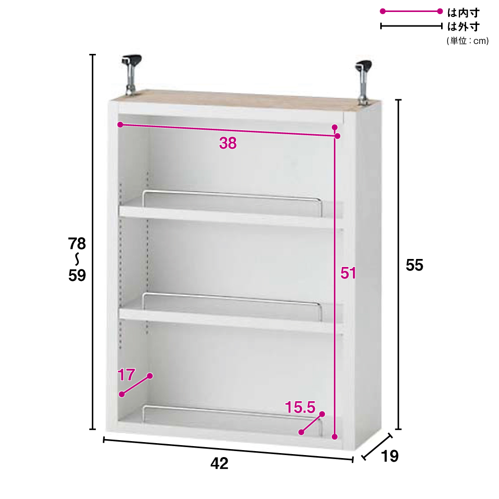 1cmピッチ薄型壁面書棚 奥行19cm 幅42cm 上置き高さ55cm オープン