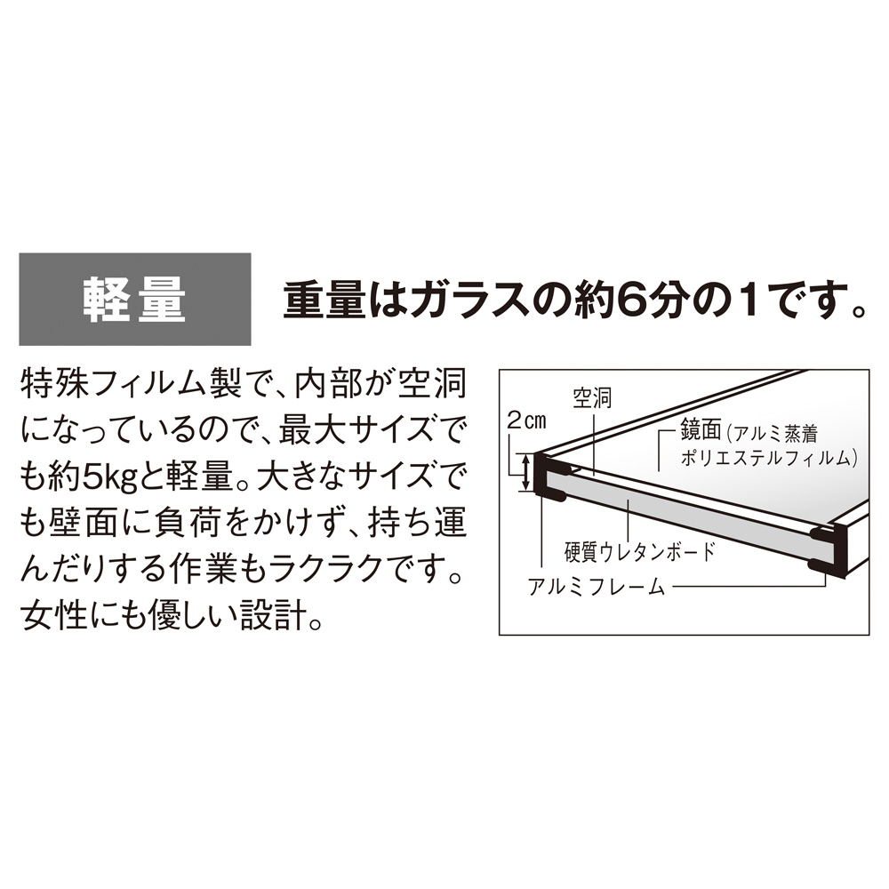 スタンドミラー 姿見鏡 壁掛け鏡 インテリア雑貨 姿見 フィルムミラー 割れない鏡 ミラー 壁掛け 幅72-80cm 新・割れない軽量フィルムミラー  細枠 【サイズオーダー】 高さ100cm 813737