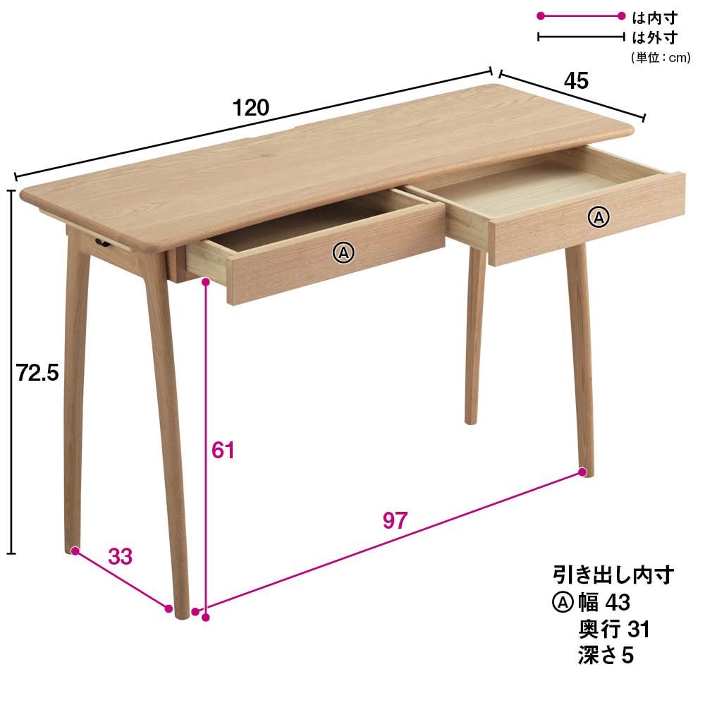 ホームオフィス家具 チェア 引き出し付き サイド 北欧 ラウンドテーブル 本棚 机 Vilhelm（ヴィルヘルム） ウェーブシリーズ デスク  幅120cm H36720